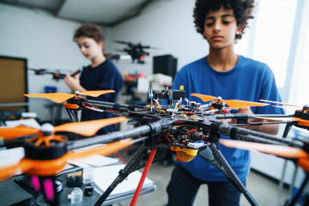 Students focus on assembling a drone in a tech workshop filled with equipment and tools.の写真素材