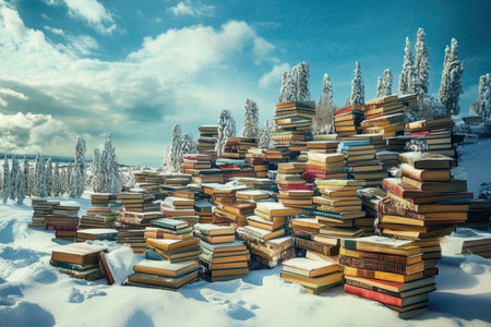Piles of books rest on snow, surrounded by snowy trees and a bright blue sky in winter.の写真素材