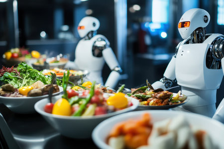 Advanced robots deliver colorful plates of food in a contemporary dining environment filled with fresh ingredients.の写真素材