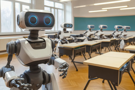 Humanoid robots engage with learners in a well-lit classroom filled with desks and learning materials.の写真素材