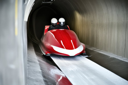 Two competitors dressed in helmets navigate a bobsled down a slick tunnel track during a competitive run.の写真素材