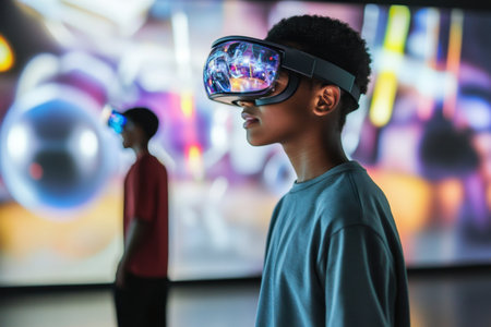 Two boys engage with virtual reality equipment in a modern exhibition space featuring vibrant visuals.の写真素材