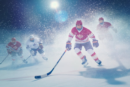Players skate fiercely across an icy rink while snow swirls around them, showing their competitive spirit.の写真素材