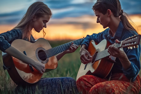 Two musicians are seated in a grassy field as they play acoustic guitars together at sunset.の素材