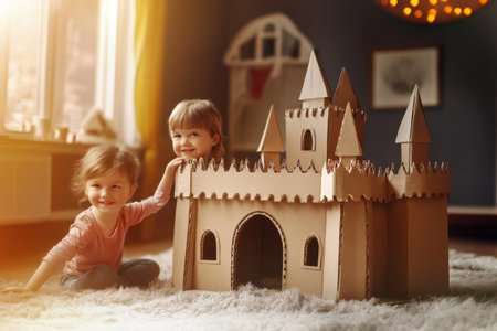 Two young children play happily together at home with a large cardboard castle in the warm afternoon light.の写真素材