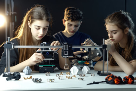 Three young designers focus on 3D printing jewelry pieces in a well-lit workshop filled with creative tools.の写真素材