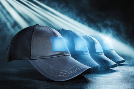 Five caps arranged in a line illuminated with soft light, showing unique designs in a dark environment.の写真素材