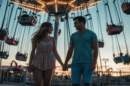 A young couple walks hand in hand at an amusement park, surrounded by colorful swings and a sunset sky.の写真素材