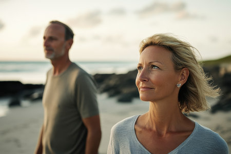 Two adults stand on a serene beach, gazing thoughtfully into the distance at sunset.の写真素材
