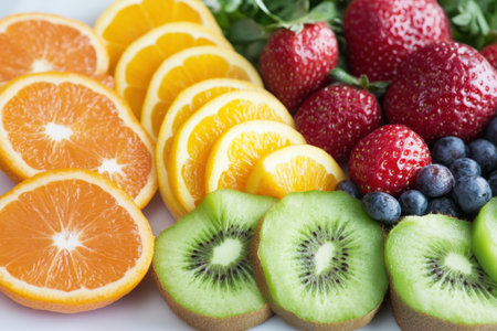 Fresh kiwi, strawberries, blueberries, and oranges are beautifully arranged for a vibrant, healthy snack.の写真素材