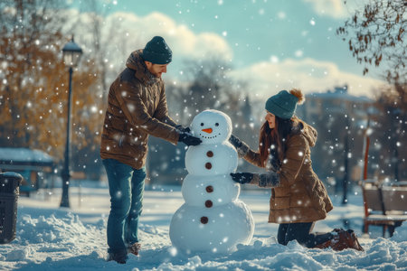 Two people joyfully shape a snowman in a park while soft snowflakes fall from the sky.の写真素材