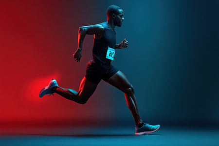 A male athlete sprints with determination, showing speed and strength in a colorful training environment.の写真素材
