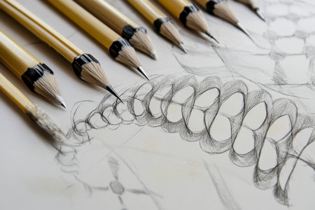 Pencils are neatly lined up next to an elaborate sketch that displays the details of a spine.の写真素材