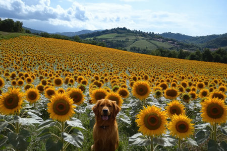A golden retriever enjoys the warm sun while surrounded by a field of bright sunflowers on a clear day.の写真素材