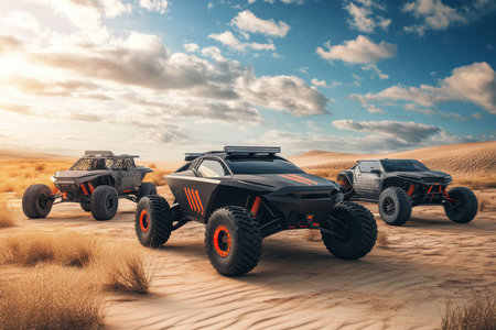 Three rugged off-road vehicles are showcased in a desert setting during the golden hour with clouds.の写真素材