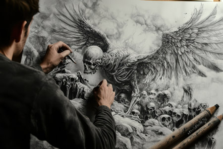 A person is drawing a large winged skeleton surrounded by skulls, showing intricate details and shading.の写真素材