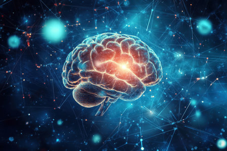 A vibrant digital representation showcases a brain surrounded by glowing neural connections, symbolizing cognition.の写真素材