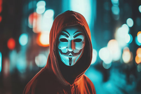 A figure wearing a white mask and hoodie stands in a vibrant city alley illuminated by neon lights.の写真素材