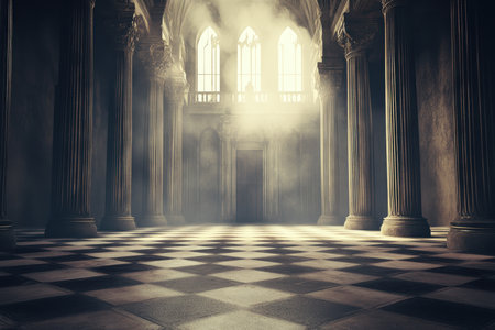 Soft sunlight streams through large windows, illuminating an expansive hall with stone columns and a checkered floor.の写真素材