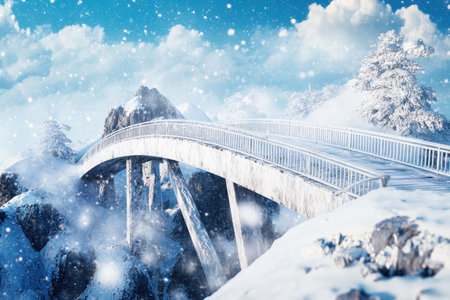 Snow blankets the ground while a white bridge arches over a deep valley, surrounded by majestic mountains.の写真素材
