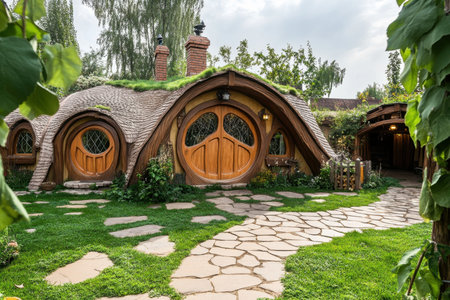 A quaint hobbit house nestled in lush greenery features a stone pathway and charming wooden doors.の写真素材