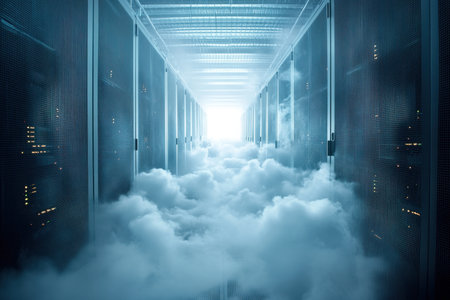 A walkway between server racks filled with billowing clouds, highlighting cloud technology's impact on computing.の写真素材