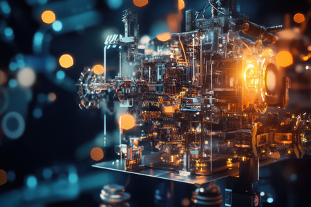 Sophisticated machinery features intricate circuits and glowing elements, representing cutting-edge technology.の写真素材