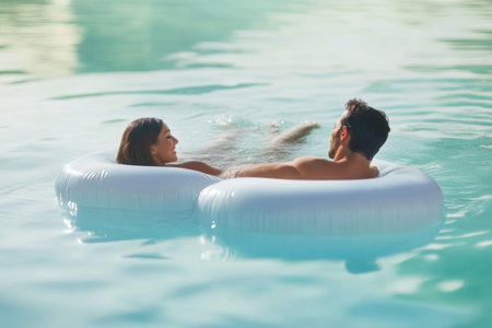 Couple enjoys a leisurely moment in a clear pool on a warm day, engaging in light conversation and laughter.の写真素材
