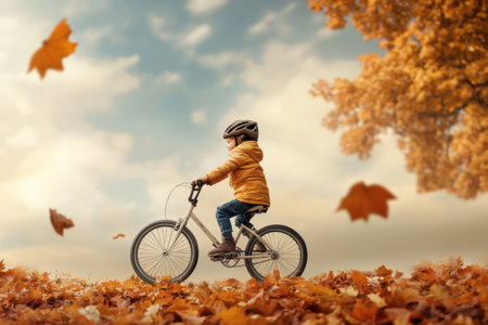 A young boy in a yellow jacket rides his bicycle, surrounded by colorful falling leaves in a park.の写真素材