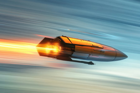A sleek rocket ascends rapidly, leaving a trail of bright flames against a twilight sky, symbolizing exploration.の写真素材