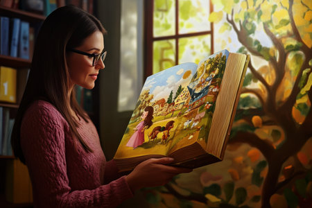 A woman with glasses admires a colorful illustrated book while surrounded by a warm, inviting library atmosphere.の写真素材