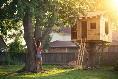 A young girl is climbing a tree towards a wooden treehouse at sunset, enjoying a peaceful moment outdoors.の写真素材