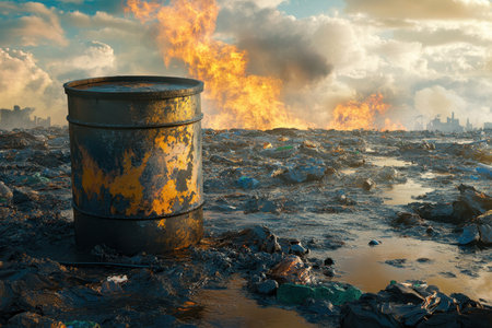 A rusted barrel amid trash and flames highlights serious environmental issues.の写真素材