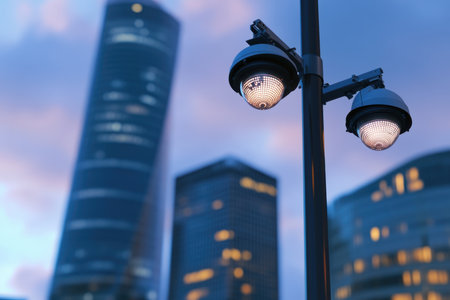 Streetlights shine brightly against a backdrop of skyscrapers at dusk, highlighting an urban environment.の写真素材