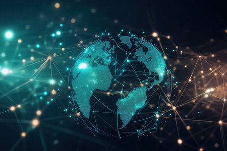 Colorful digital depiction of Earth showing connections between continents in a vast network.の写真素材