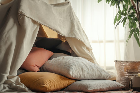 Soft cushions and blankets make a comfortable fort in a warm and inviting living space with natural light.の写真素材