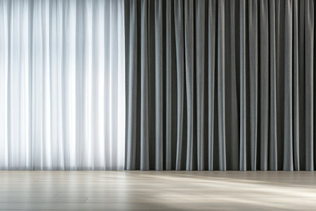 Soft light filters through sheer curtains, illuminating a minimalist space with textured drapes.の写真素材