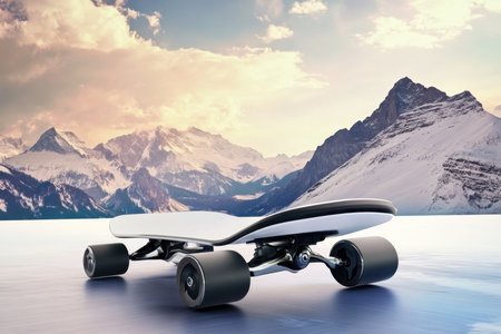 An electric skateboard is showcased on a flat surface, surrounded by breathtaking snow-capped mountains during sunset.の写真素材