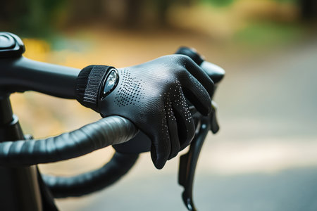 A pair of black cycling gloves rests on the handlebars of a bike, surrounded by greenery under the sun.の素材