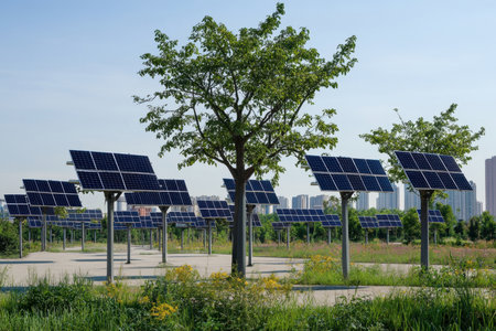 Solar panels installed neatly alongside trees in a green area, showcasing renewable energy in an urban setting.の写真素材