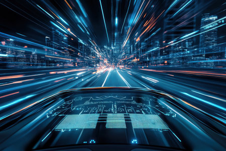 Exploring a vibrant cityscape at night, the car speeds forward through illuminated streets and digital effects.の写真素材