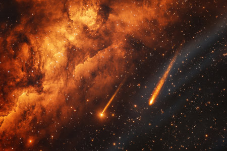 Two comets streak through a vivid orange and red nebula, surrounded by countless shining stars in the universe.の写真素材