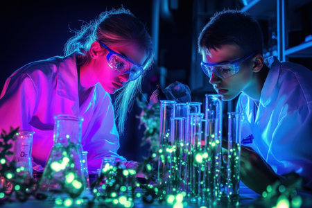 Two young scientists focus intently on their experiments in a dark laboratory filled with glowing liquids.の写真素材