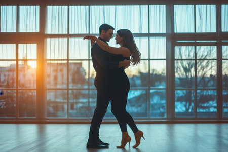 Two individuals gracefully dance together in a sunlit studio, enjoying a romantic moment at sunset.の写真素材