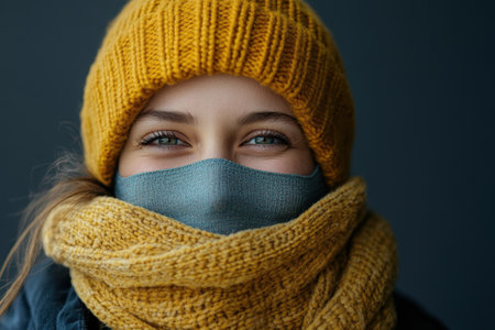 Individual smiles while wearing a warm hat and scarf against a dark backdrop.の写真素材