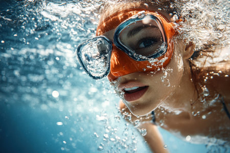 A person dives into crystal clear water, wearing bright orange goggles and surrounded by bubbles.の写真素材