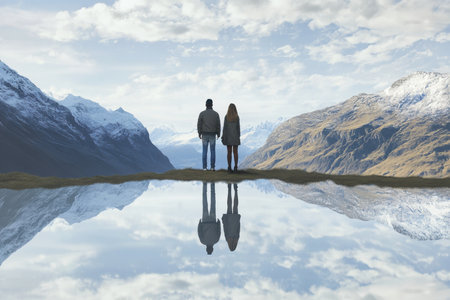 A couple gazes at the stunning mountain landscape reflected in the calm lake water at twilight.の写真素材
