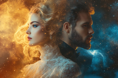 A man and woman appear in profile, merging with vibrant cosmic colors and artistic effects in this surreal artwork.の写真素材