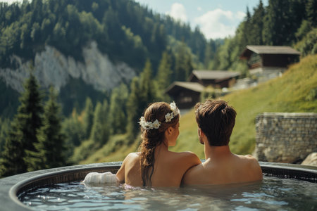 A couple relaxes in a hot tub, surrounded by mountains and lush greenery on a sunny day.の写真素材