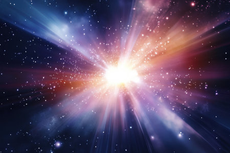 A bright explosion radiates vibrant colors, illuminating the dark expanse of deep space in a cosmic event.の写真素材